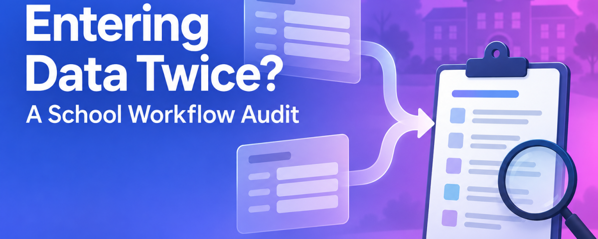 EduSchool school workflow audit illustration: repeated form entries flow into a clipboard examined with a magnifying glass.