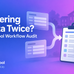 EduSchool school workflow audit illustration: repeated form entries flow into a clipboard examined with a magnifying glass.