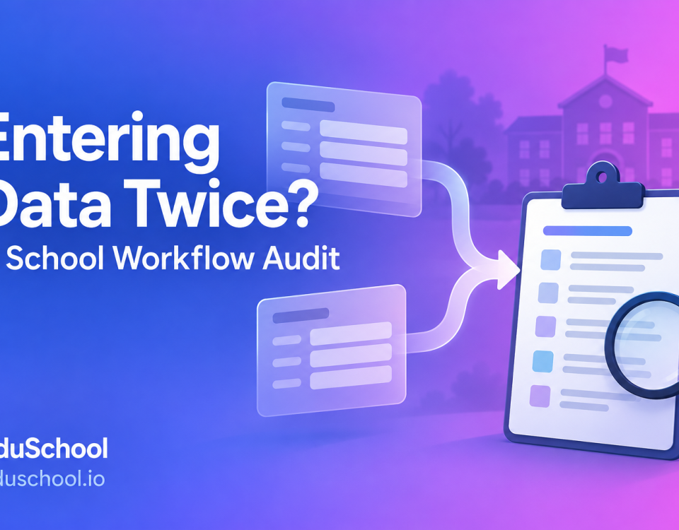 EduSchool school workflow audit illustration: repeated form entries flow into a clipboard examined with a magnifying glass.